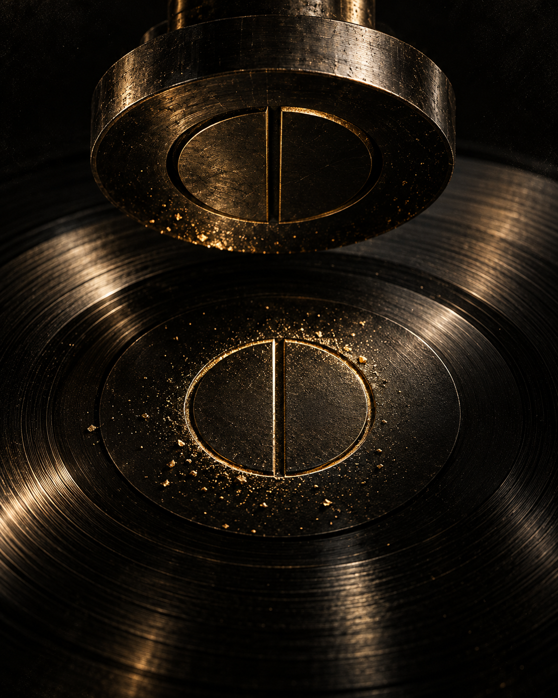Matriz metálica estampando la marca sobre un disco negro